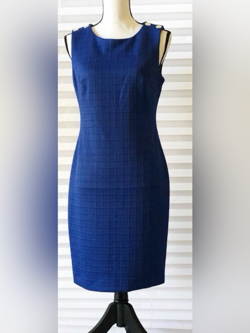Blue Sleeveless Sheath Dress with Button Detail